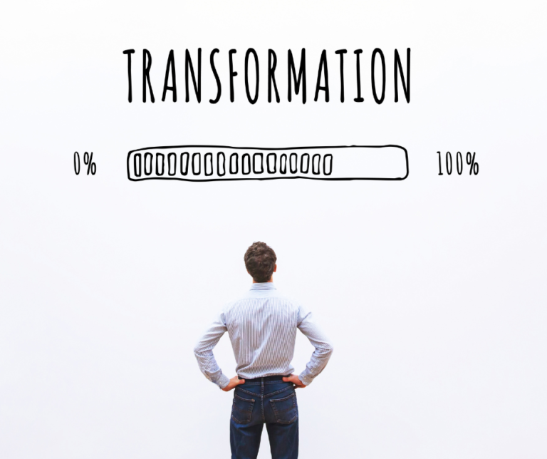 person looking at a progress bar with the word transformation above it as a visual representation of the how self love can be a transformational tool.