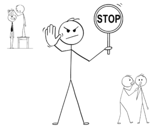 a couple of stick figure characters in the top left and bottom right as a visual demonstration of others influencing. Middle stick man with a stop sign as a visual representation of Liberating Yourself from External Expectations